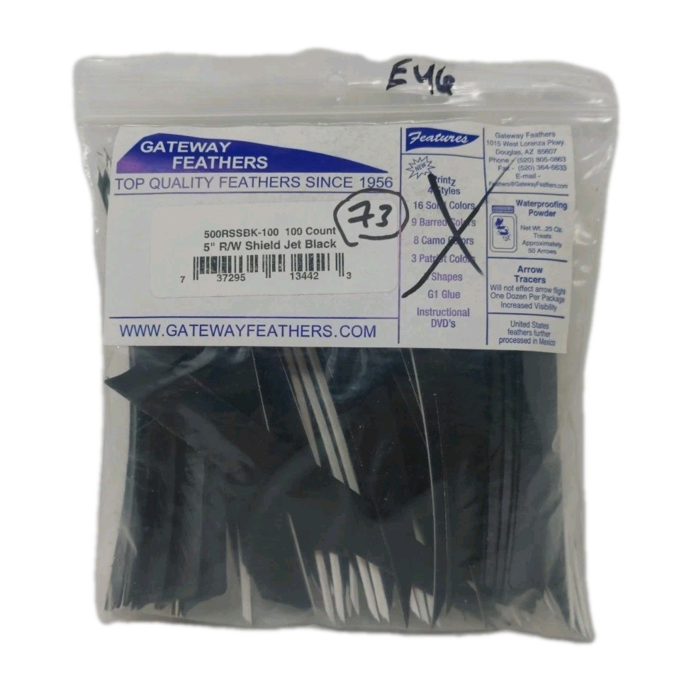 73 Count Gateway Archery Arrow Feathers 5" Right Wing: Shield Jet Black