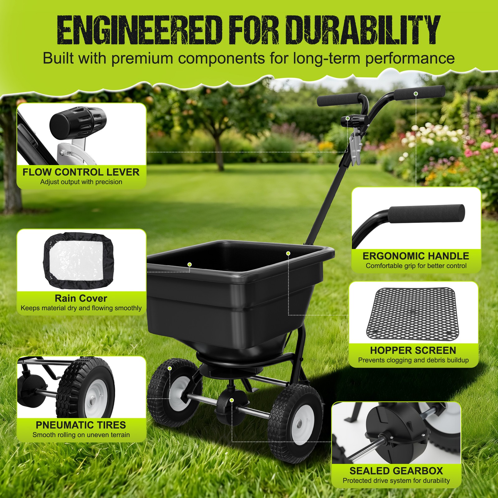 100LB Walk Behind Push Broadcast Spreader Capacity 0-9.10ft Spreading Width USA