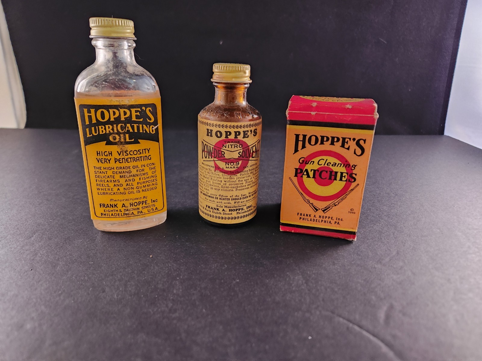 Vintage HOPPE'S Gun Cleaning Supplies- Lubricating Oil, Powder Solvent, Patches