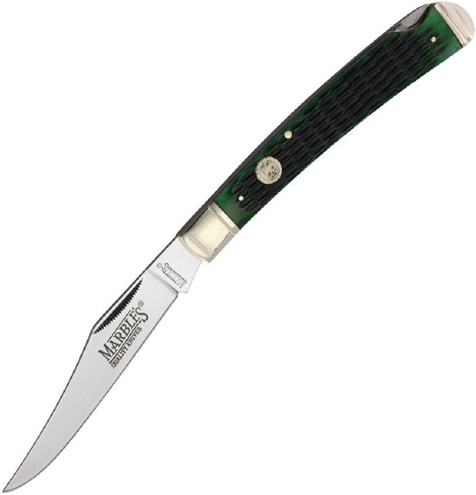 Marbles Large Hunter Lockback Folding Pocket Knife w/ Green Jigged Bone Handle