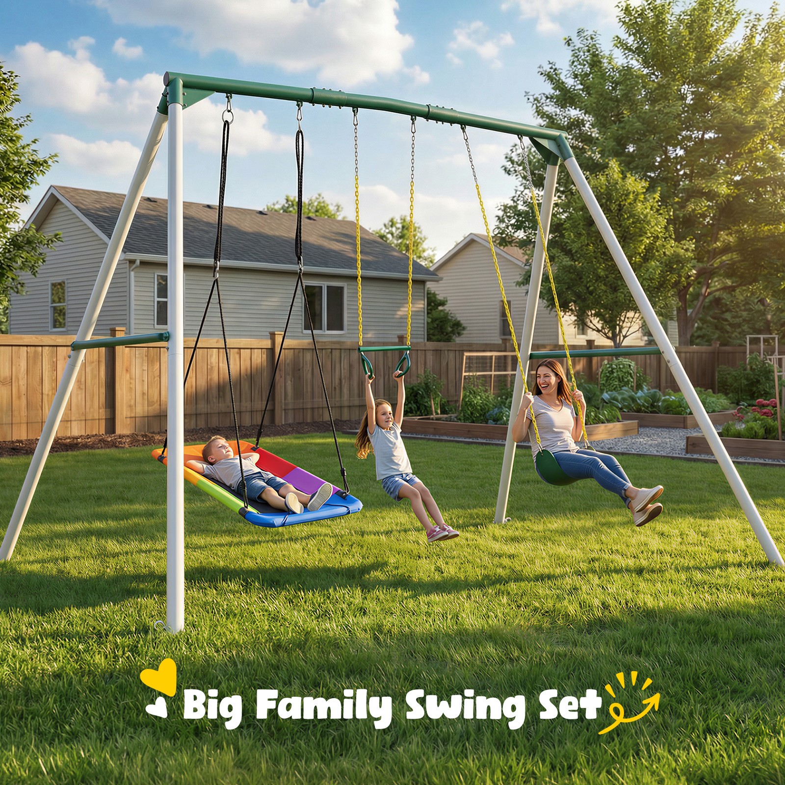 700lb 9.5Ft Tall Heavy Duty Swing Set w/3 Swings Trapeze Bar Outdoor Metal Frame