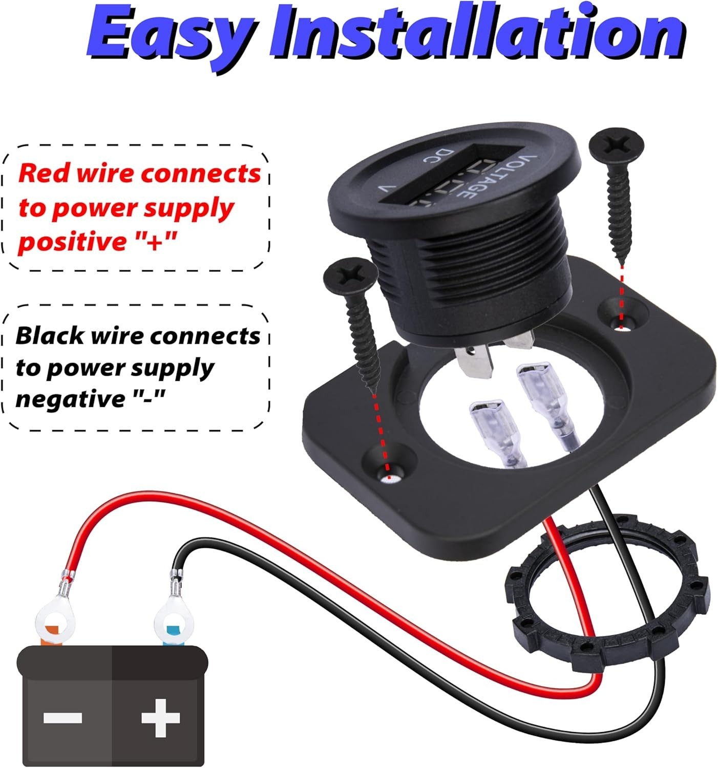 Waterproof Digital Voltmeter, 12V 24V DC, 3-Digit LED Display, Blue Light