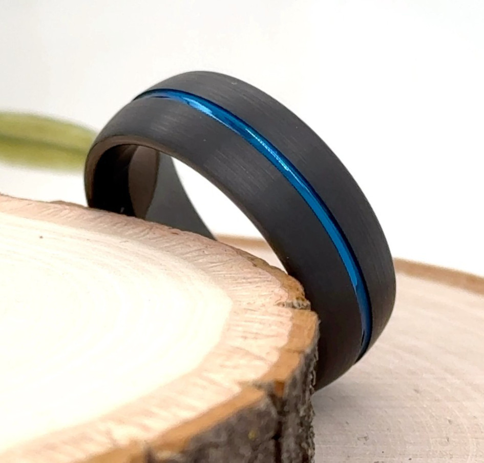 Christmas Gifts Her Ring Blue Strip Polished Comfort Fit Band 8mm Black Tungsten