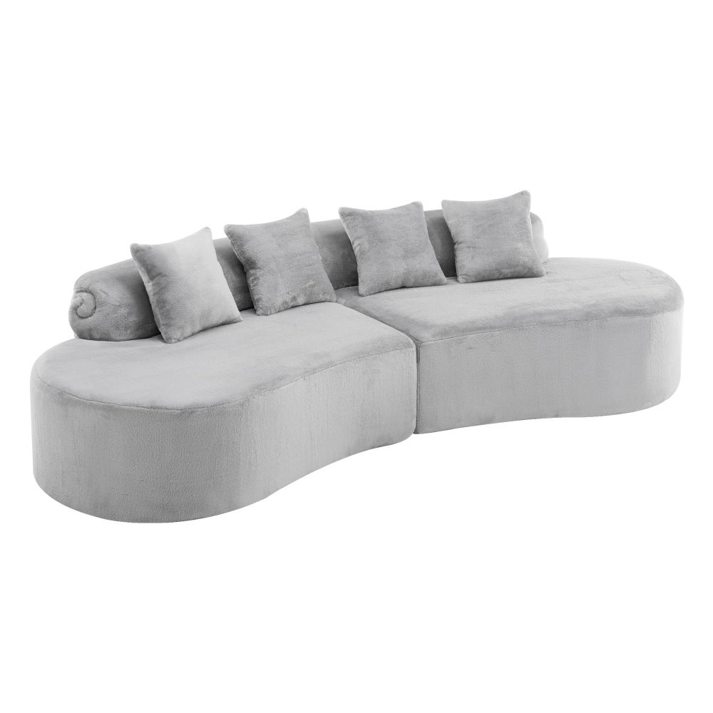 Curved Flannelette Sofa w/ Pillows, Light Gray, 4-Seat Modern Sectional