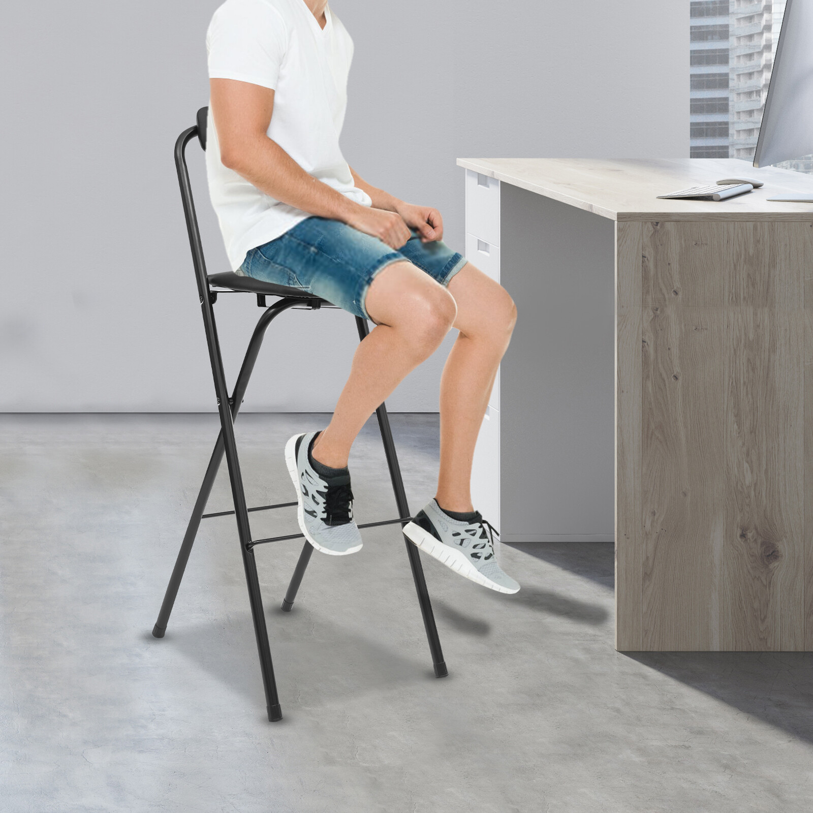 Black Padded Folding High Back Chair Breakfast Kitchen Bar Stool Foldable Seat