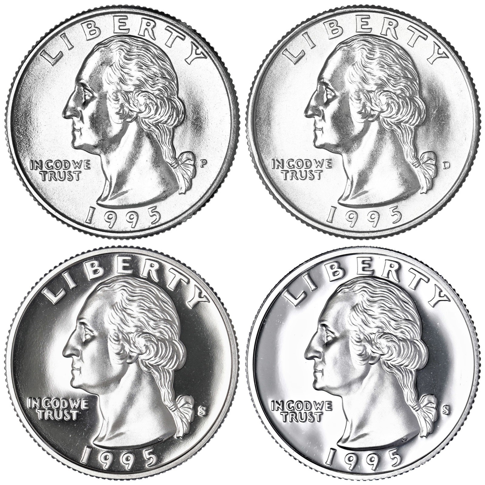 1995 P D S Washington Quarters Silver & C-N Clad Proof & BU 4 Coin Year Set
