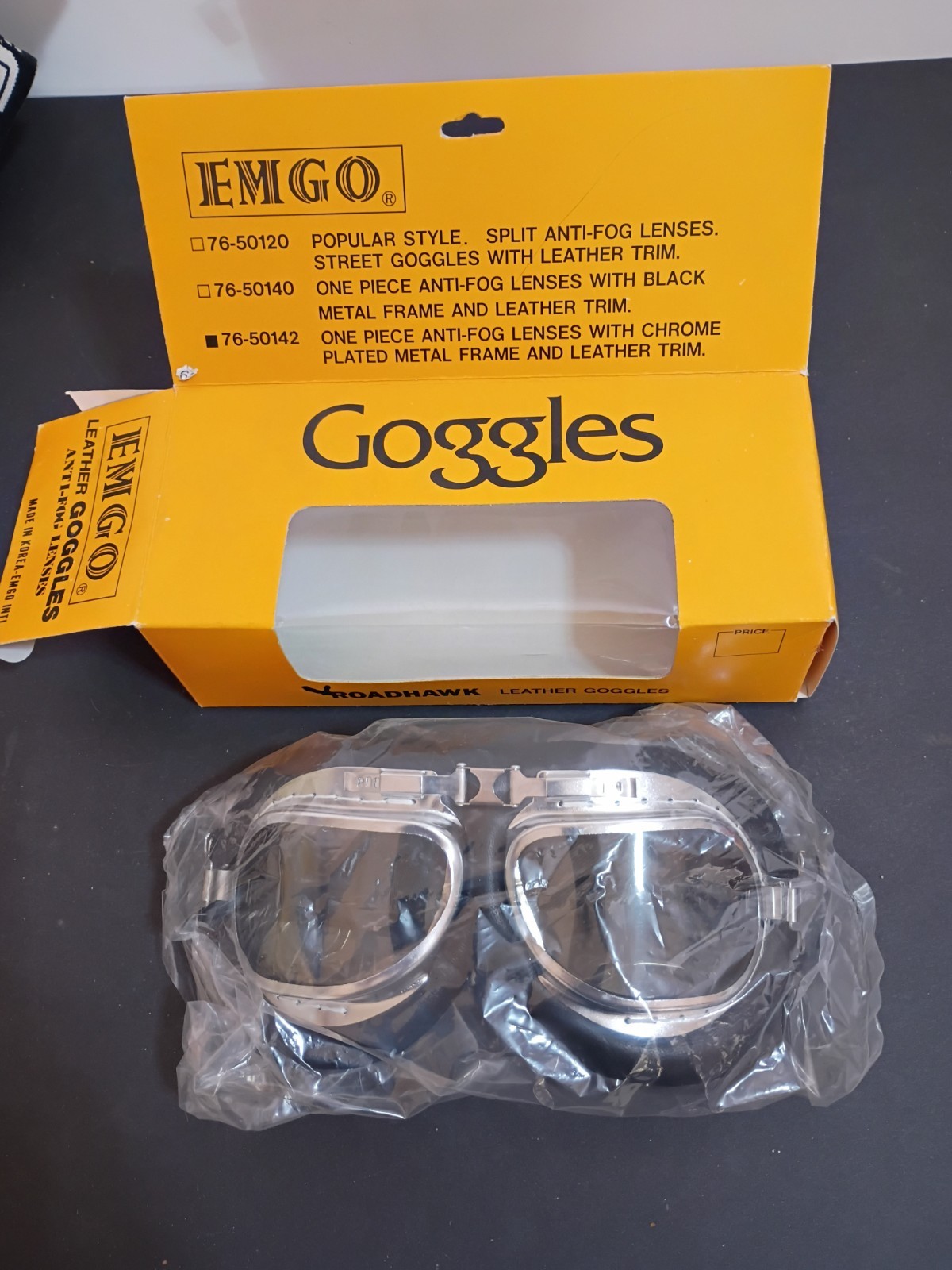 NOS EMGO Chrome Plated Anti-Fog Split Lens Black Leather Goggles 76-50142