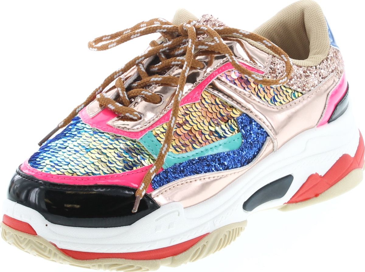 Yoki Tubuler-04 Women's Chunky Trainer Sequin Lace Up Fashion Sneaker