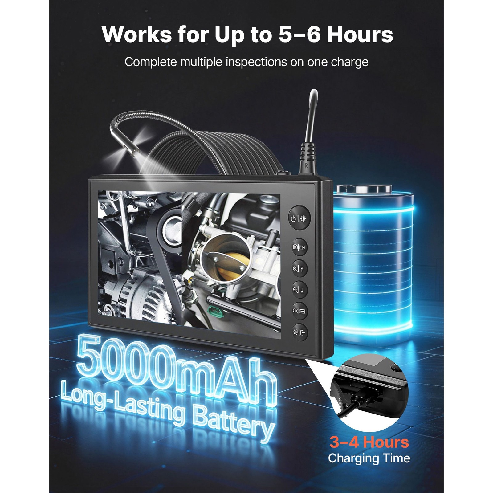 Dual-Cable Borescope: 7\" IPS, Triple Camera, 8X Zoom, IP67, 5hr Battery