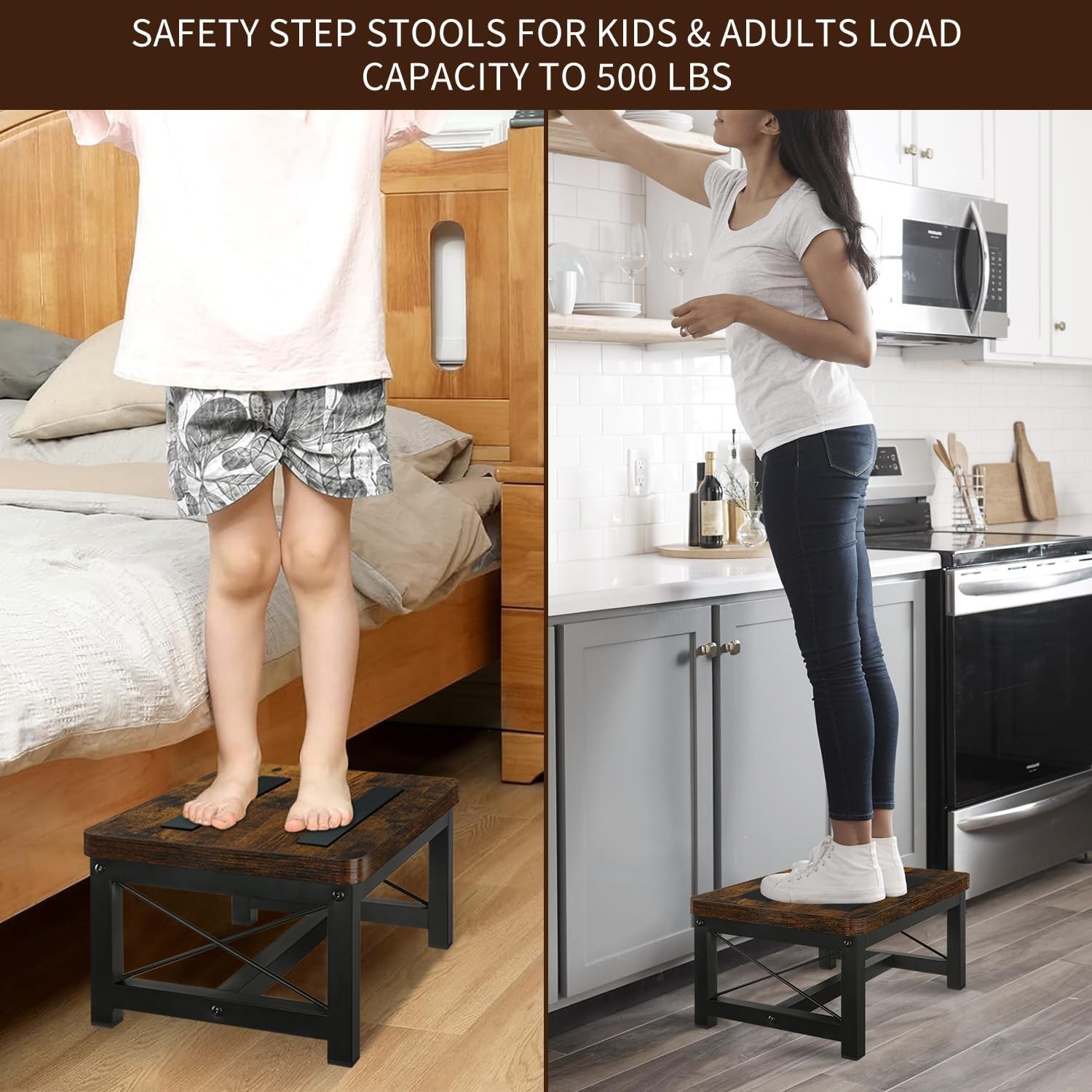 Wooden Step Stool Adults Heavy Duty Step Stool High Bed W/ Non-Slip Feet Using