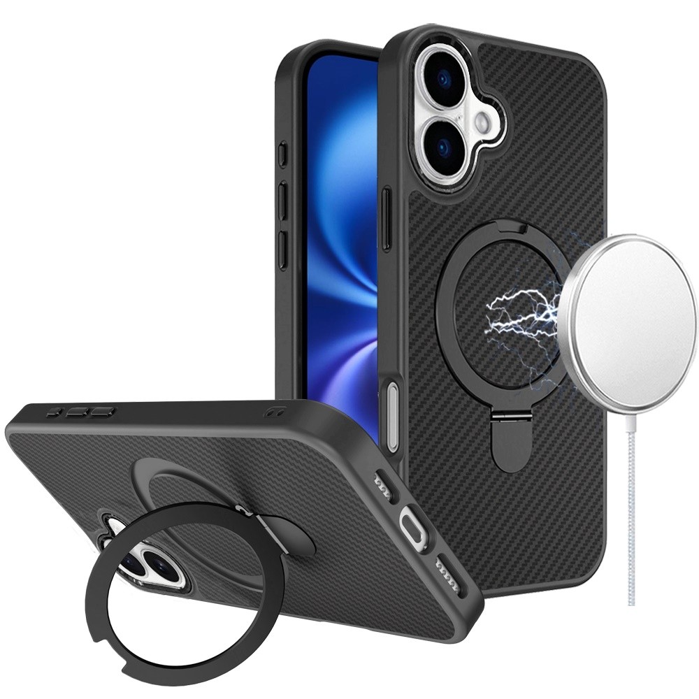 For iPhone 17 Case Carbon Fiber Print with Metal Stand Magnetic + Tempered Glass