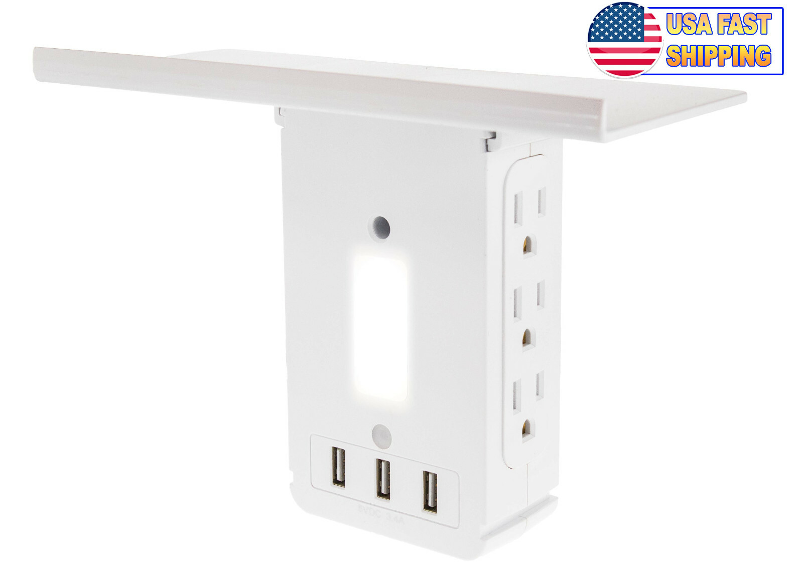 Wall Power Outlet Shelf w/ Night Light - Socket Wall Stand 6 Plugs + 3 USB