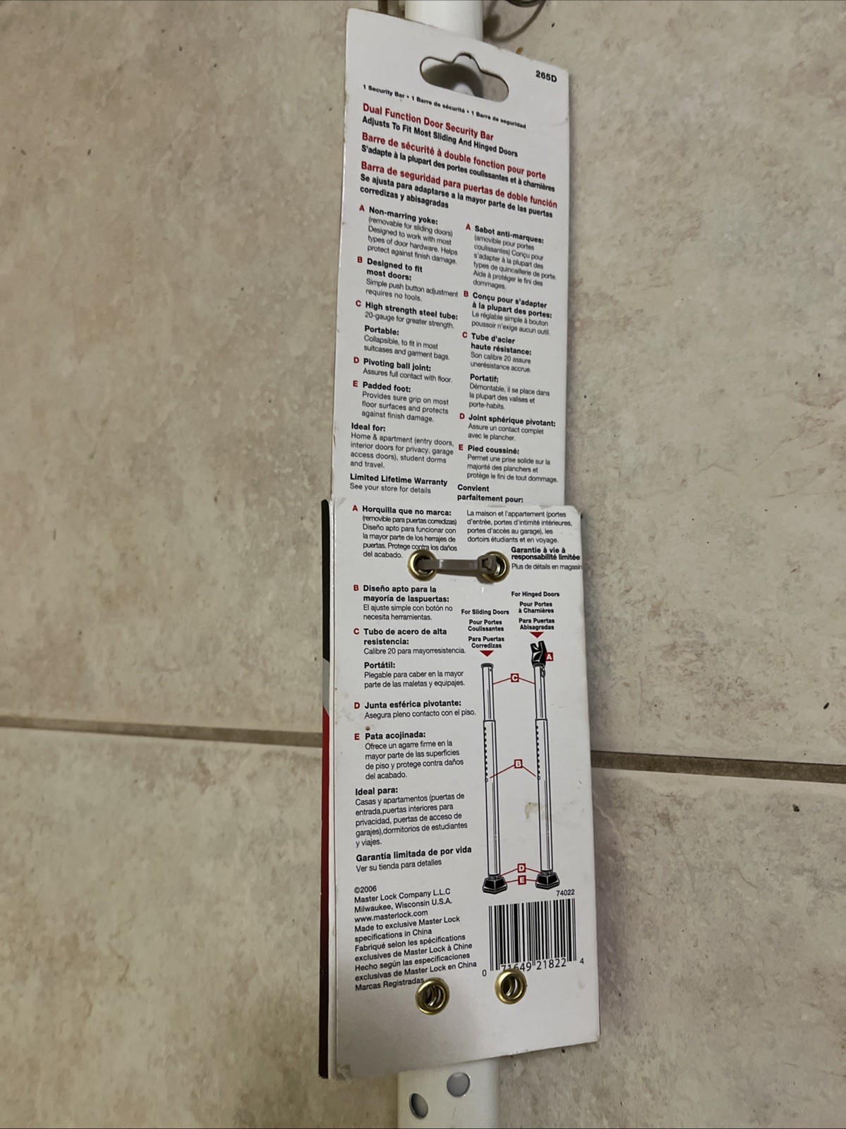 265D Master Lock Adjustable Dual Function Door Security Bar Sliding or Hinged