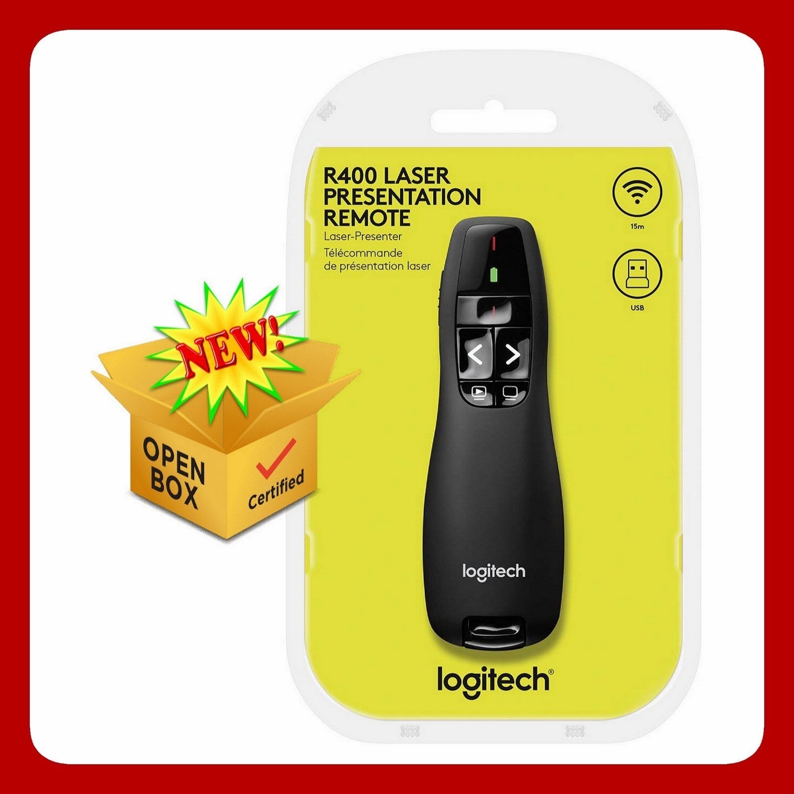 Logitech R400 Wireless Presentation Remote Red Laser Pointer 15m USB Black 910