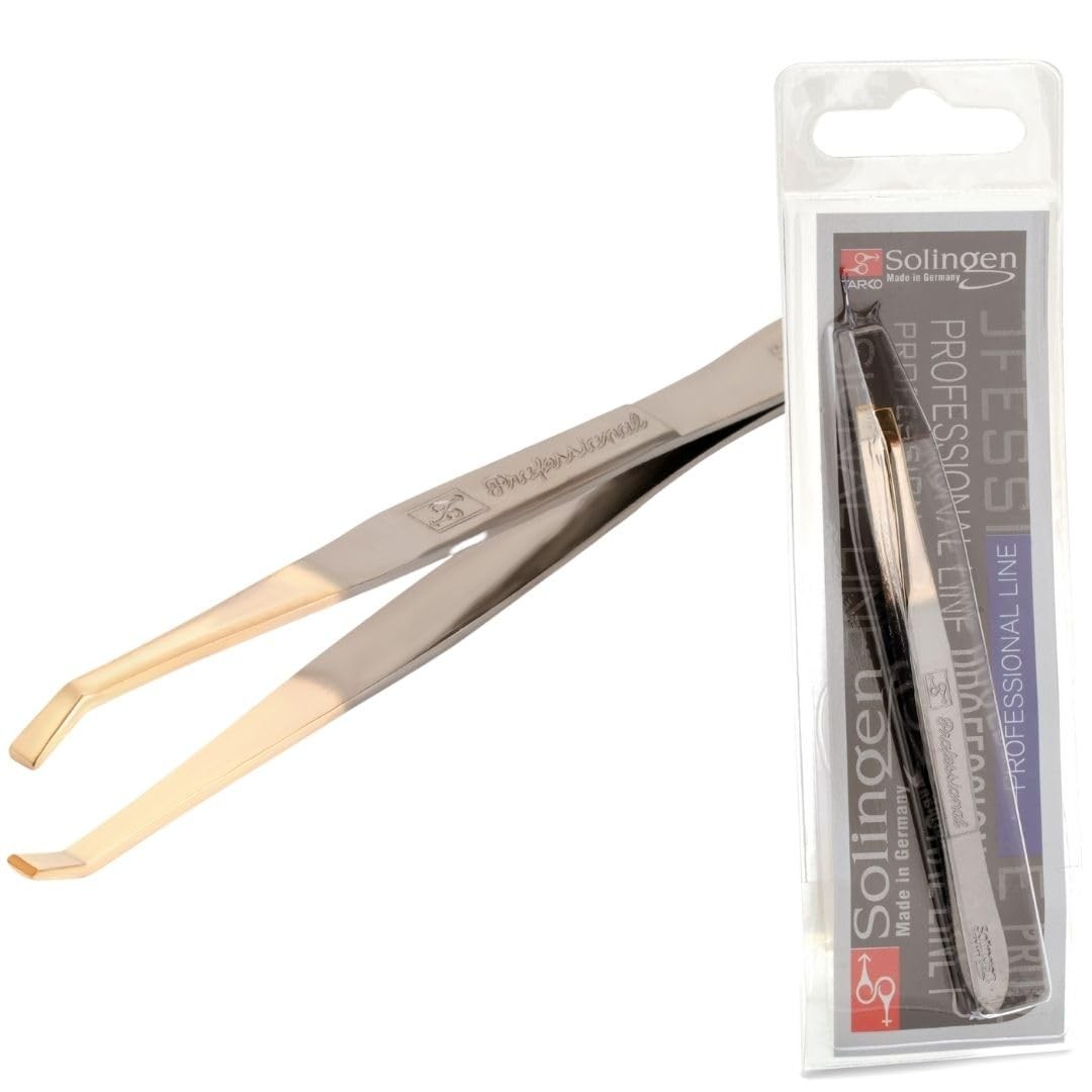 Solingen Tweezers for Eyebrows | Slanted Tip | 3.5 in (9cm), Nickel-gold