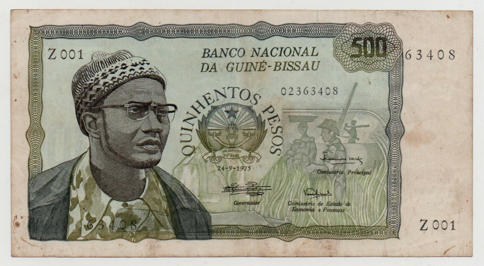 GUINEA BISSAU 500 PESOS 1975 PICK 3 AMILCAR CABRAL LOOK SCANS