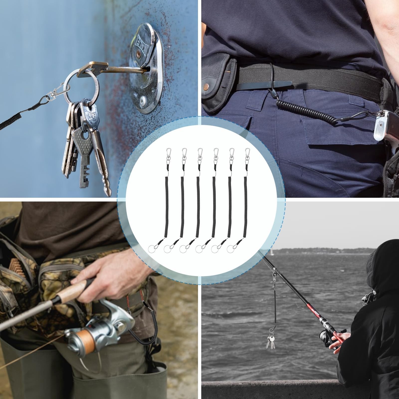 Retractable Coiled Lanyard Spring Fishing Tool with Carabiner and Split Ring