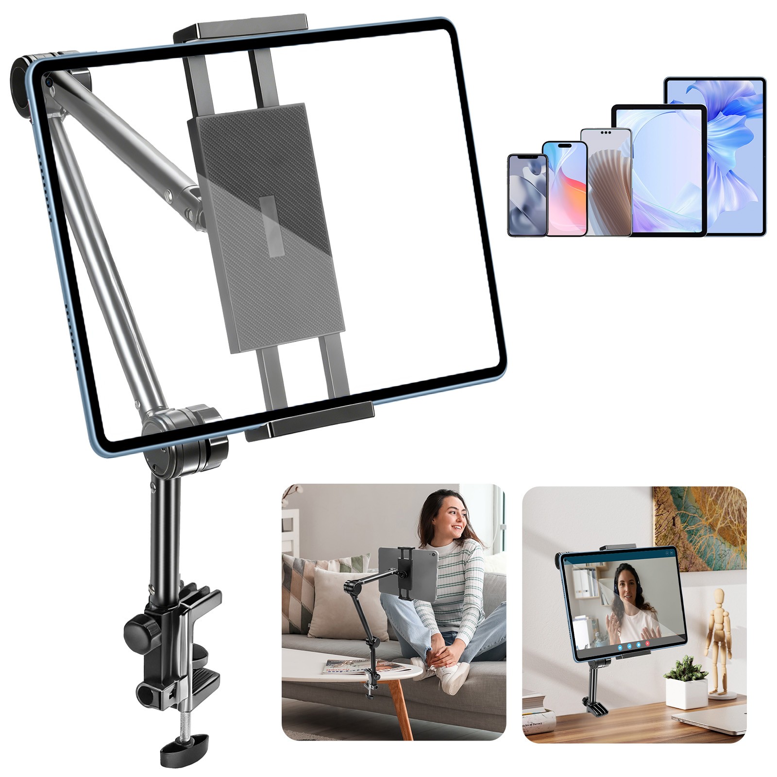 Long Arm Tablet Phone Holder Mount for Bed Desk 360° Adjustable for 4-13" iPad