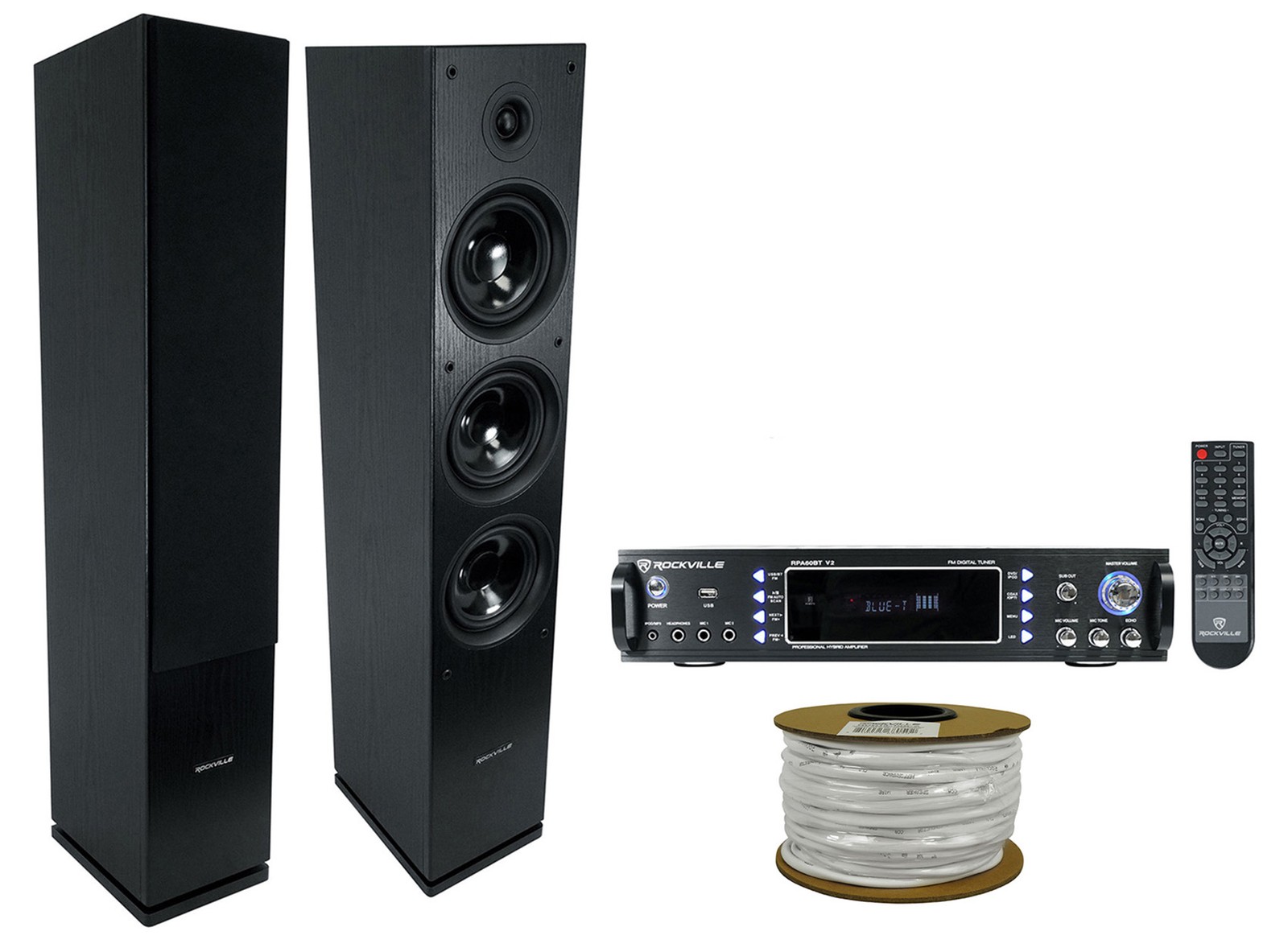 Rockville RPA60BT 1000w Bluetooth Stereo Home Receiver+(2) Black Tower Speakers