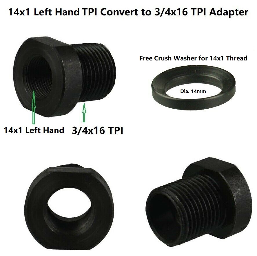 Steel Adapter Convert 14x1 LH TPI Thread to 3/4x16 TPI Thread, Free Crush Washer
