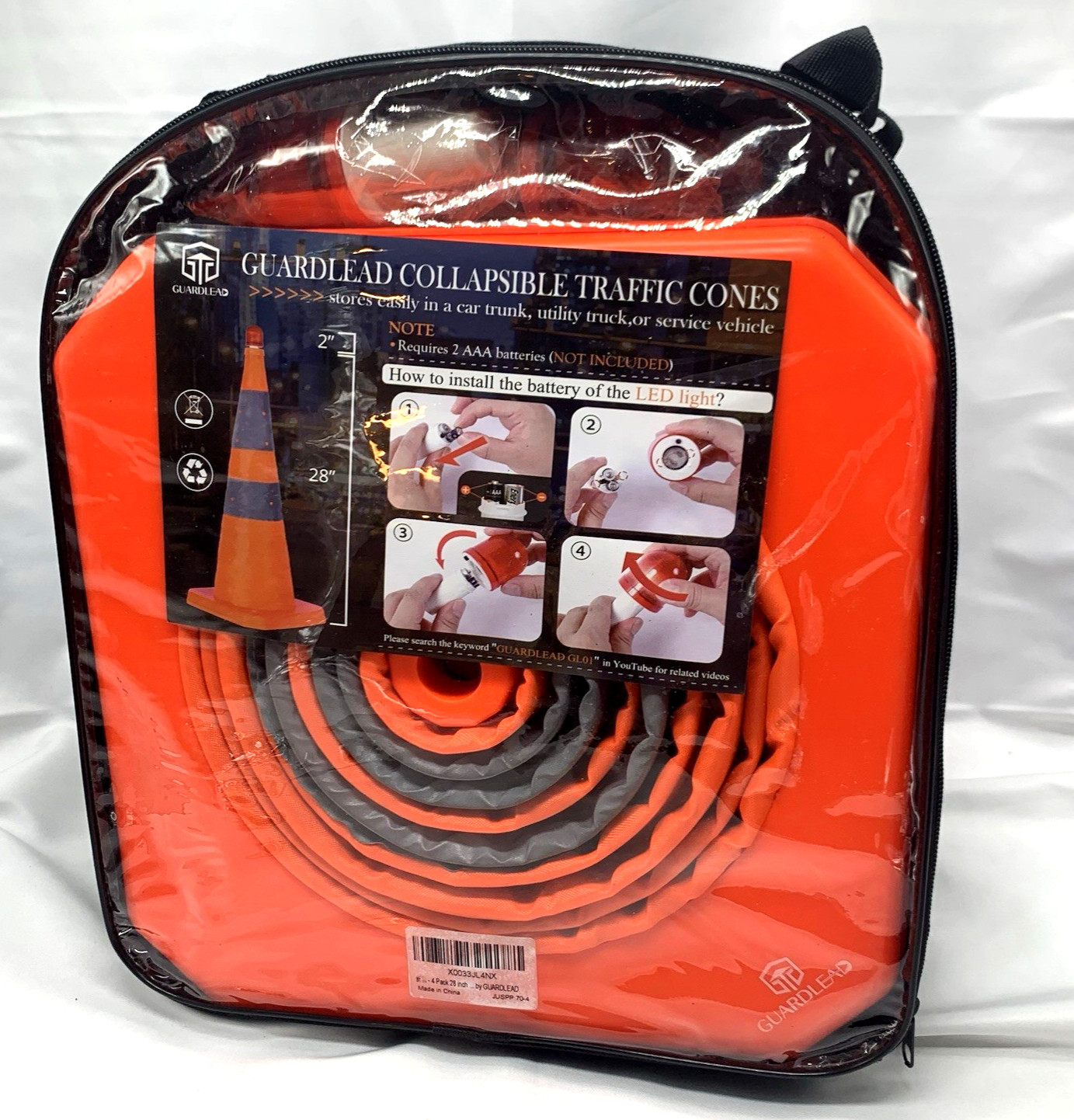 Collapsible Traffic Safety Cones 4 Pack 28 inch w/ LED Light by Guardlead