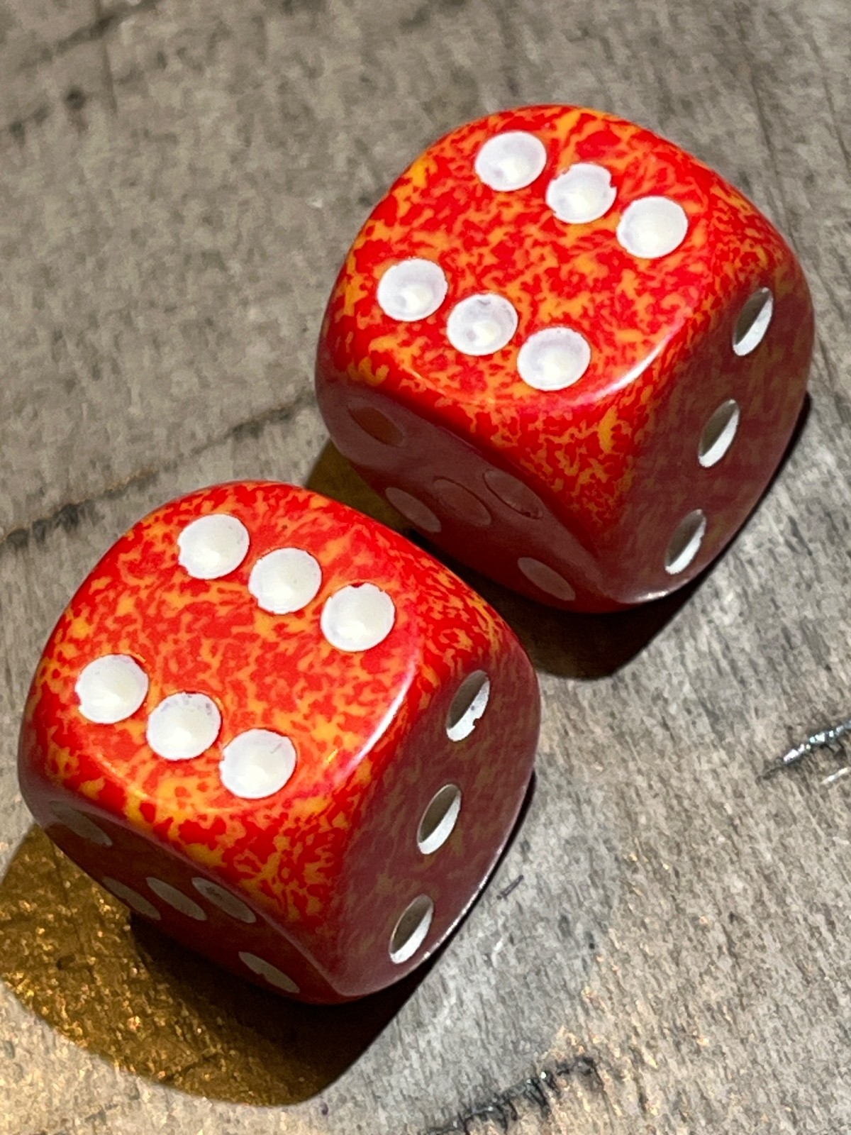 RARE CHX Chessex D6 16mm PAIR Speckled Red Napalm ??? rpg ad&d dice 120925@