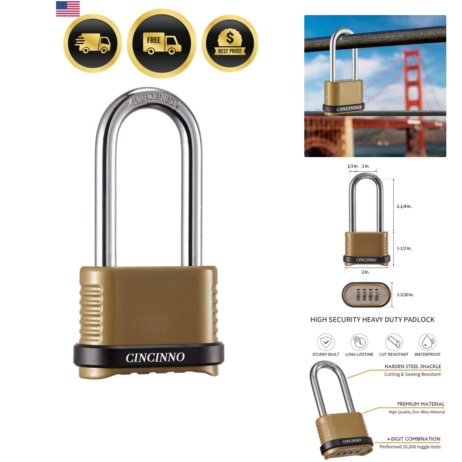 4 Digit Combination Lock, Heavy Duty Combo Padlock with Long Shackle for Outd...