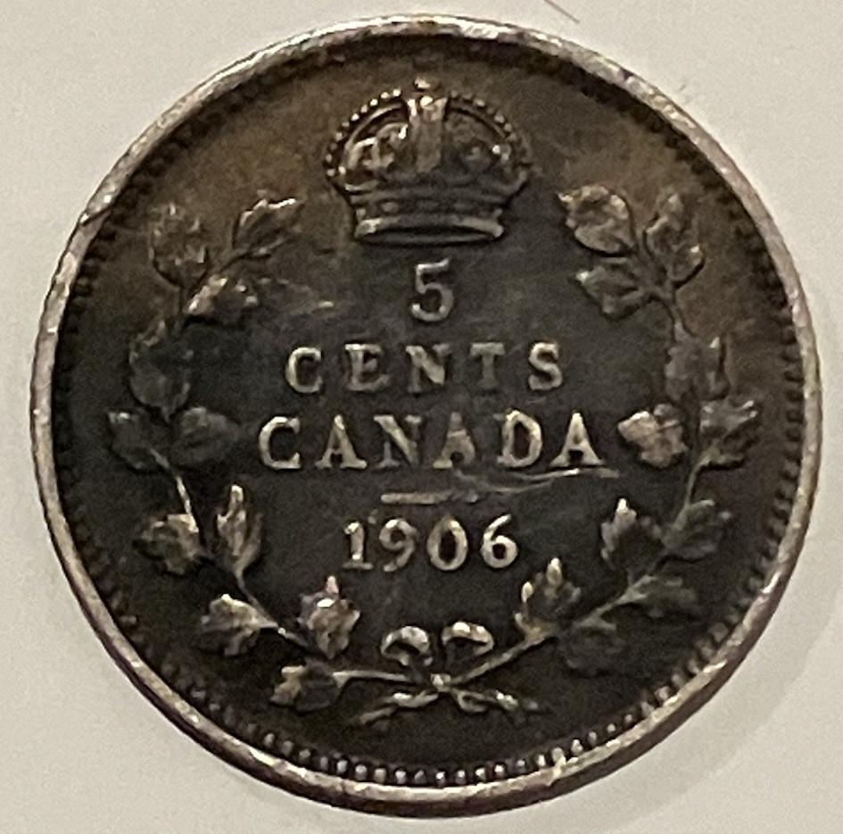 1906 Edward VII Canada Silver 5 Cent Piece.