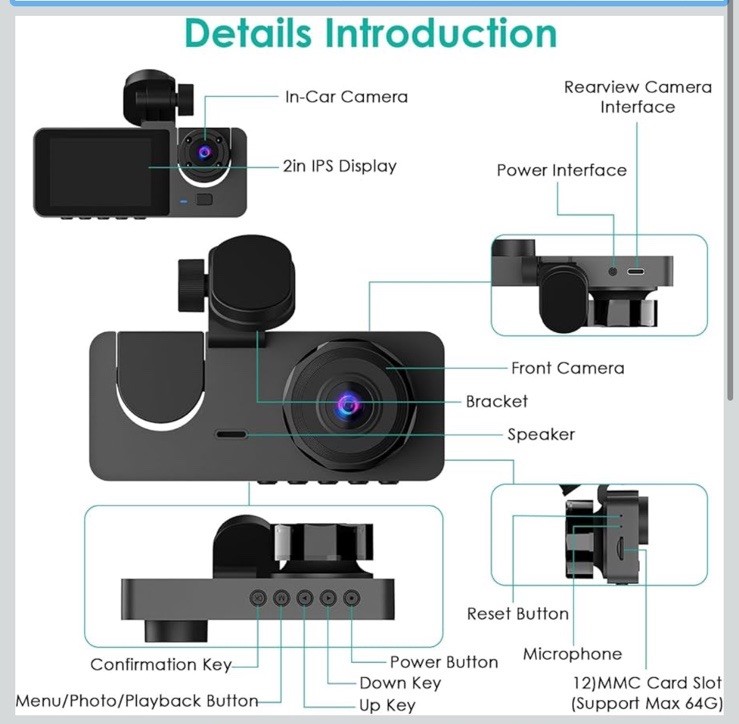 3 Channel Ultra HD DashCam Front/inside/rear DVR w 32 GB Memory Card MSRP $99.99
