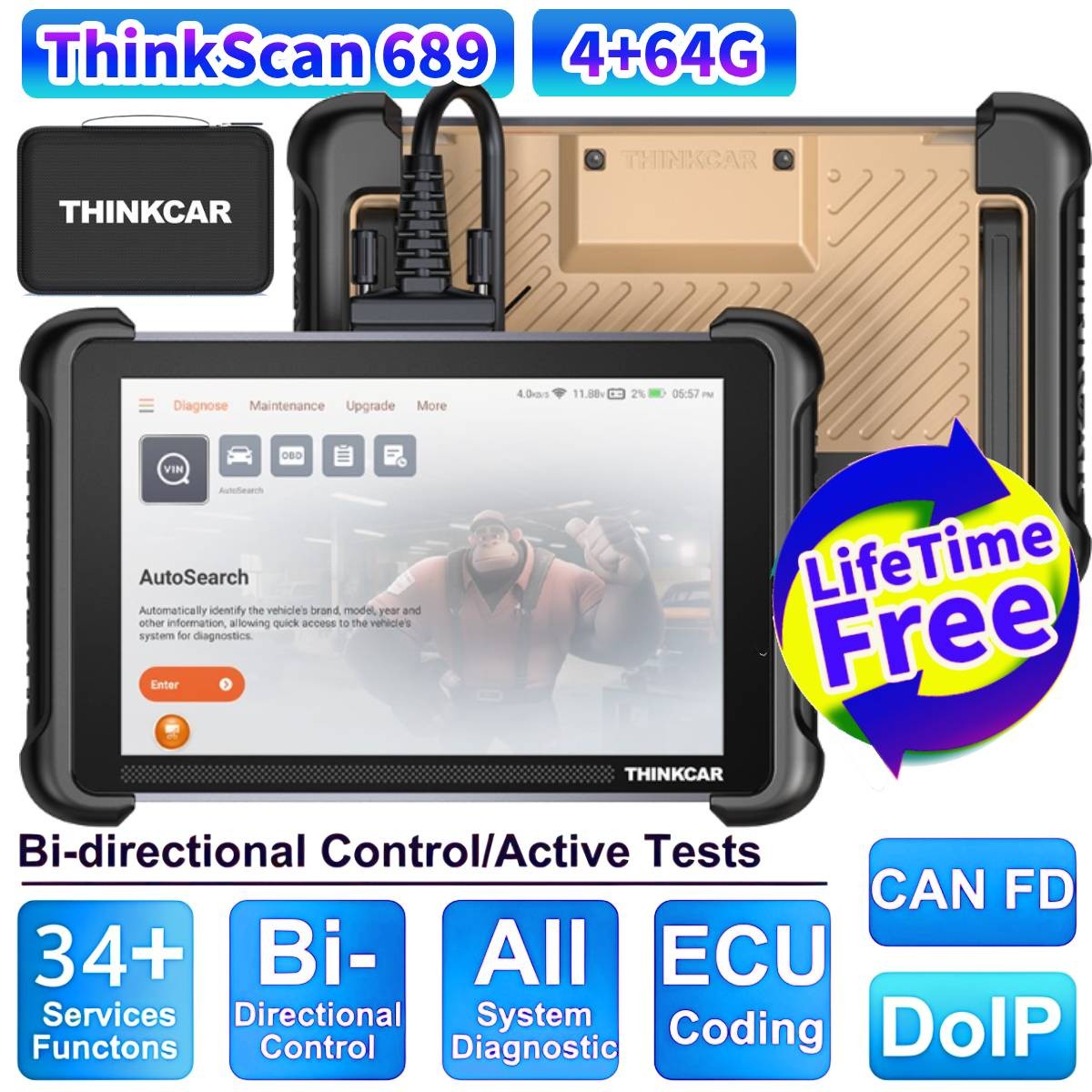 Thinkcar 689 Life Free Auto Diagnostic OBD2 Scanner CANFD & DOIP Active Test