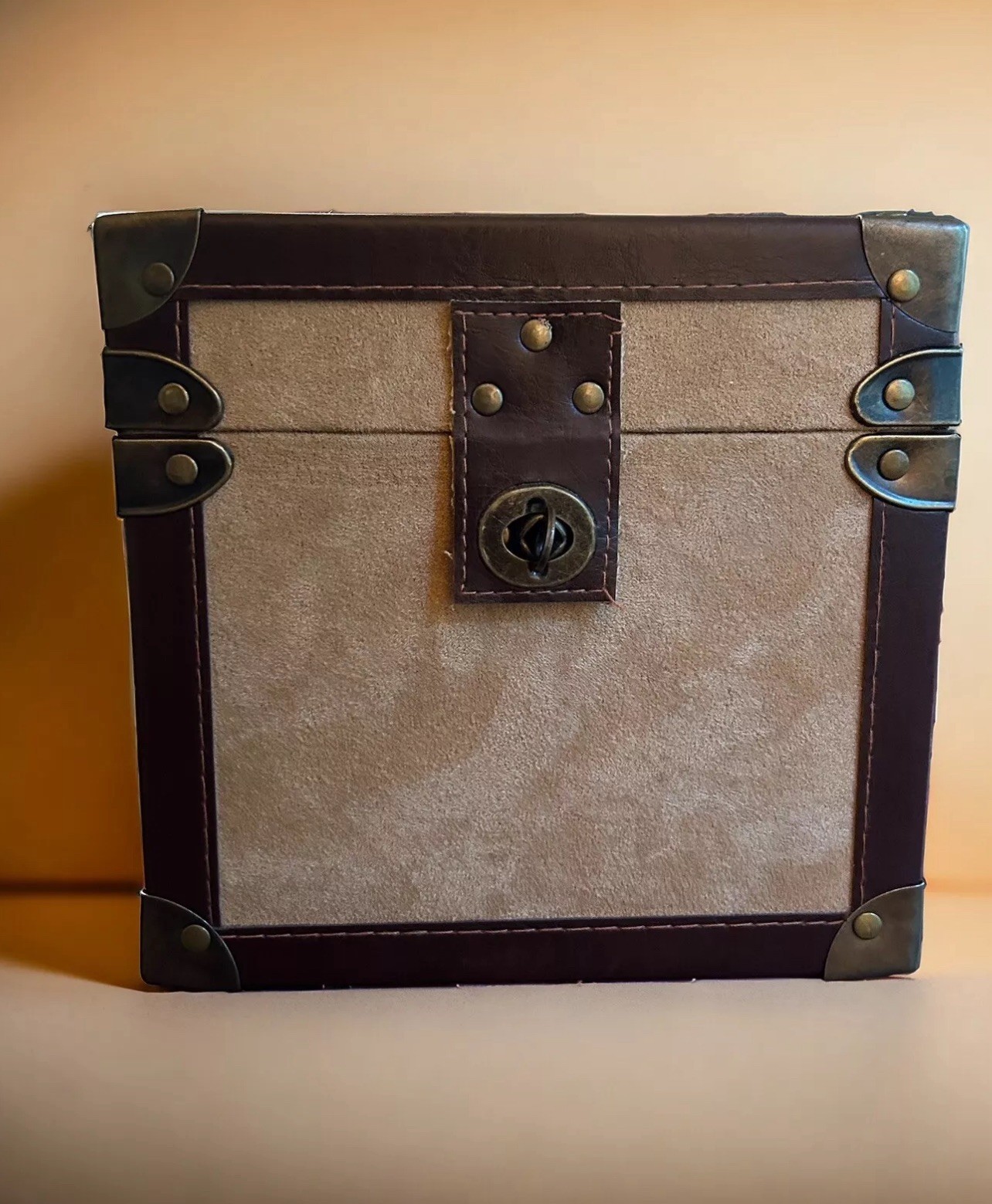 SMALL SUEDE STORAGE TRUNK WITH LEATHER STRAPS