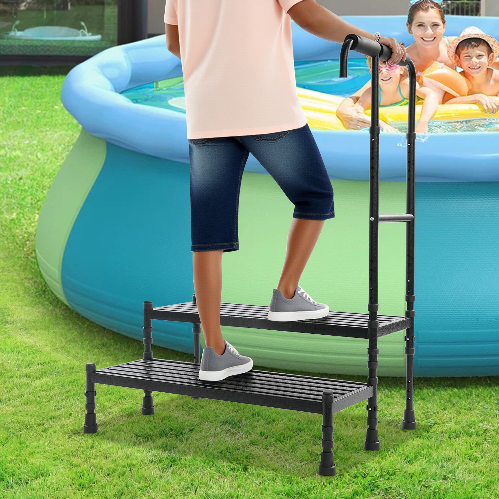 Step Stool with Handle, Adult Ramp with Handrail, Metal Stepping Stool