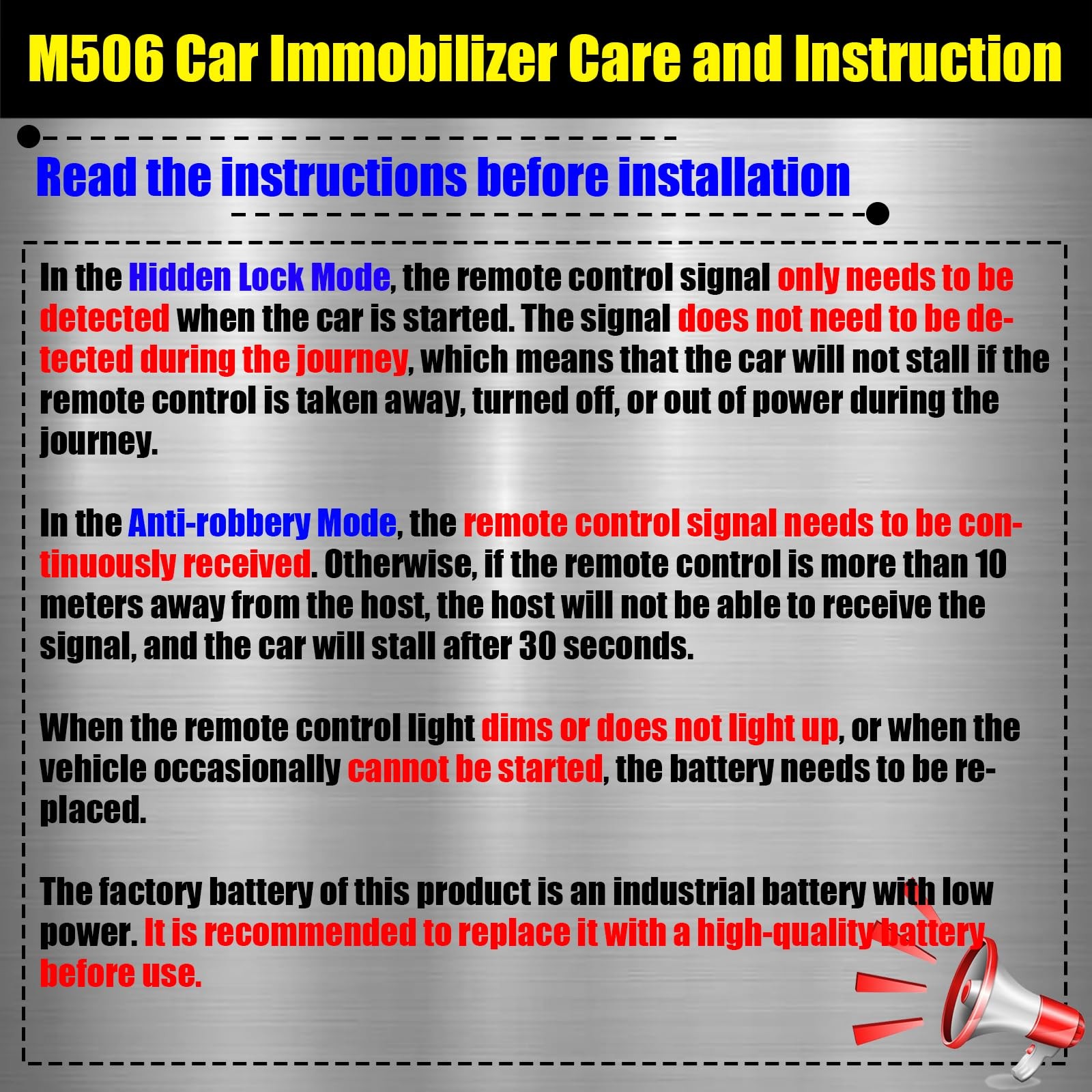 Car Immobilizer AntiTheft Alarm System, M506 Wireless Engine Lock, Auto AntiR...