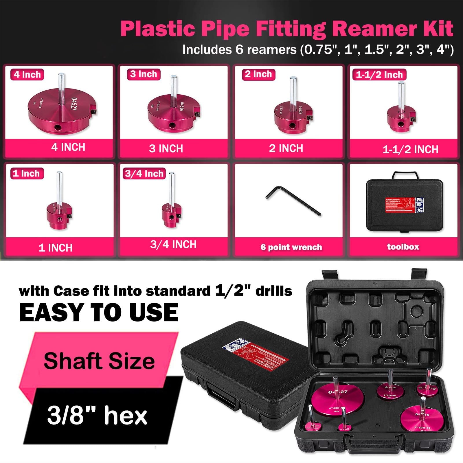 6 Piece Plastic Pipe Fitting Reamer Kit for 1/2" Drill, Includes 0.75", 1", 1...