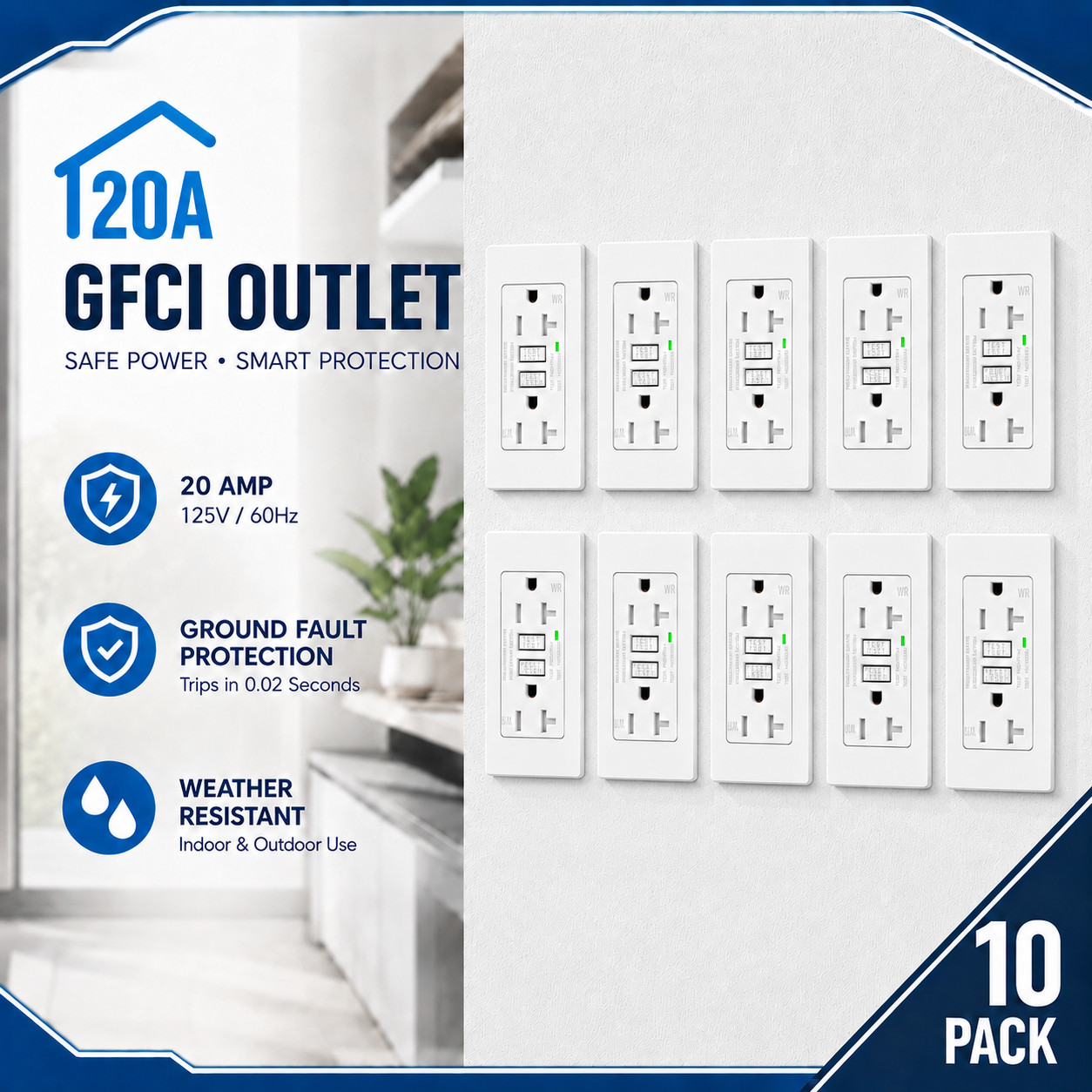 20 Amp GFCI Outlet Weather Resistant TR ETL Residential/Commercial Grade 10PK