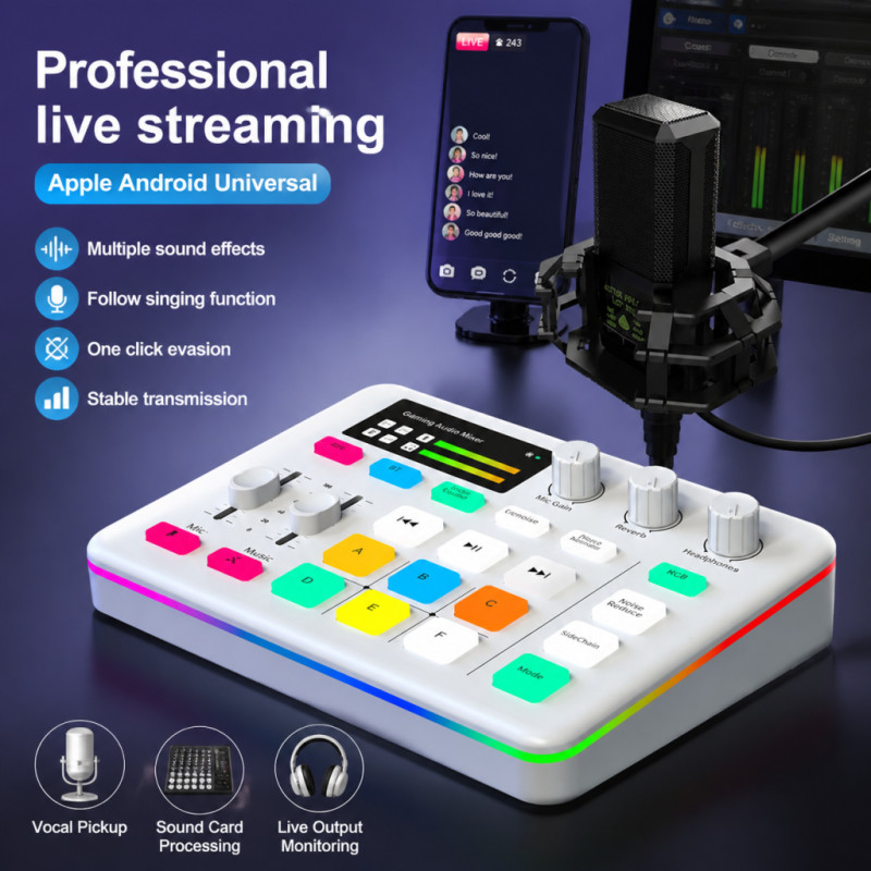 Multifunctional live audio sound card, 48V phantom power supply, noise reduction