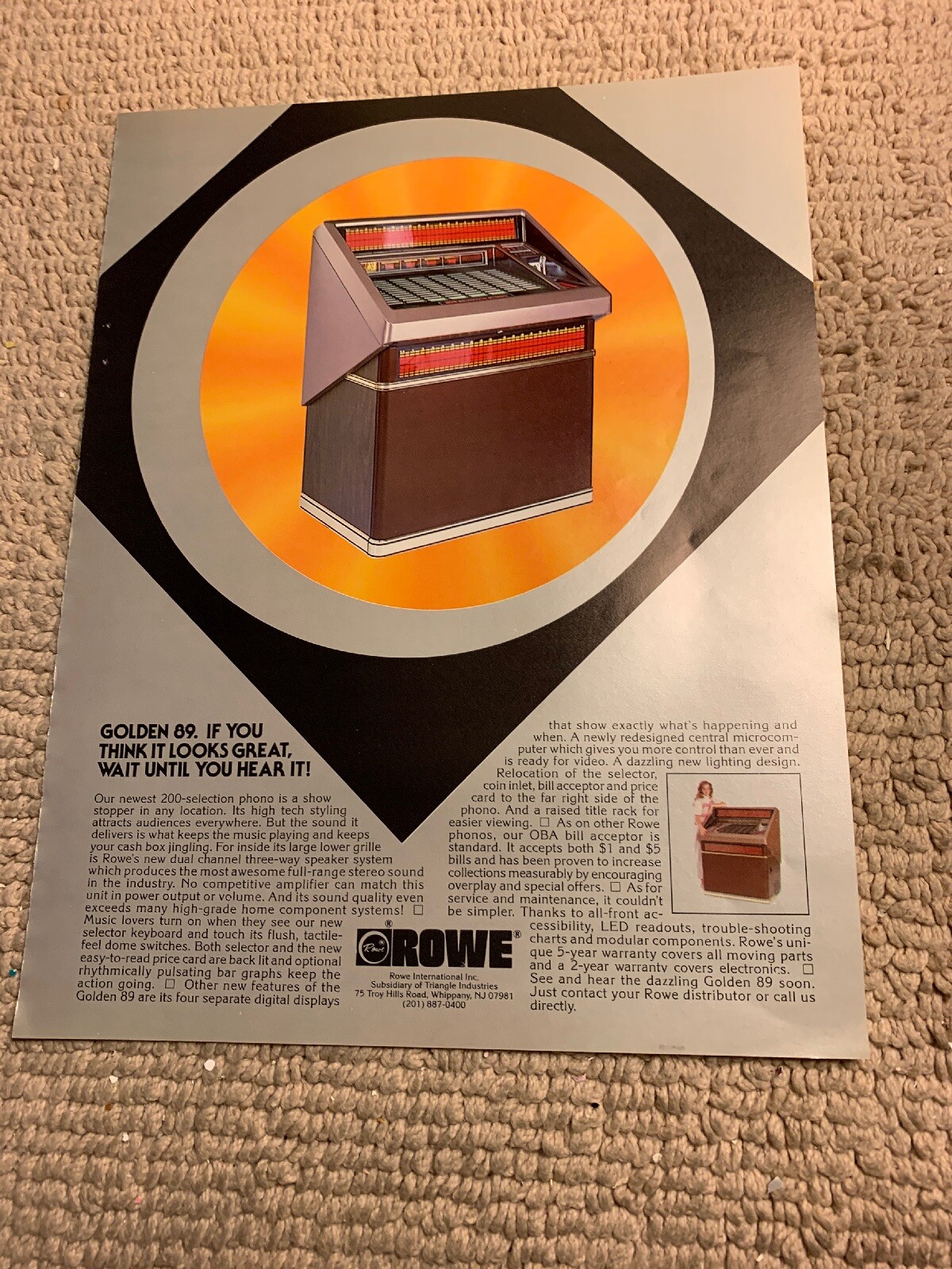 Original ad 1984 11-8 1/4”  Rowe Golden 89 jukebox phonograph FLYER