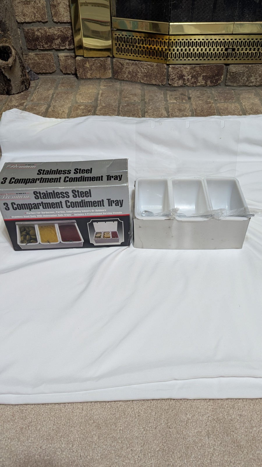 Premium Stainless Steel 3 Compartment Condiment Tray with Spoons
