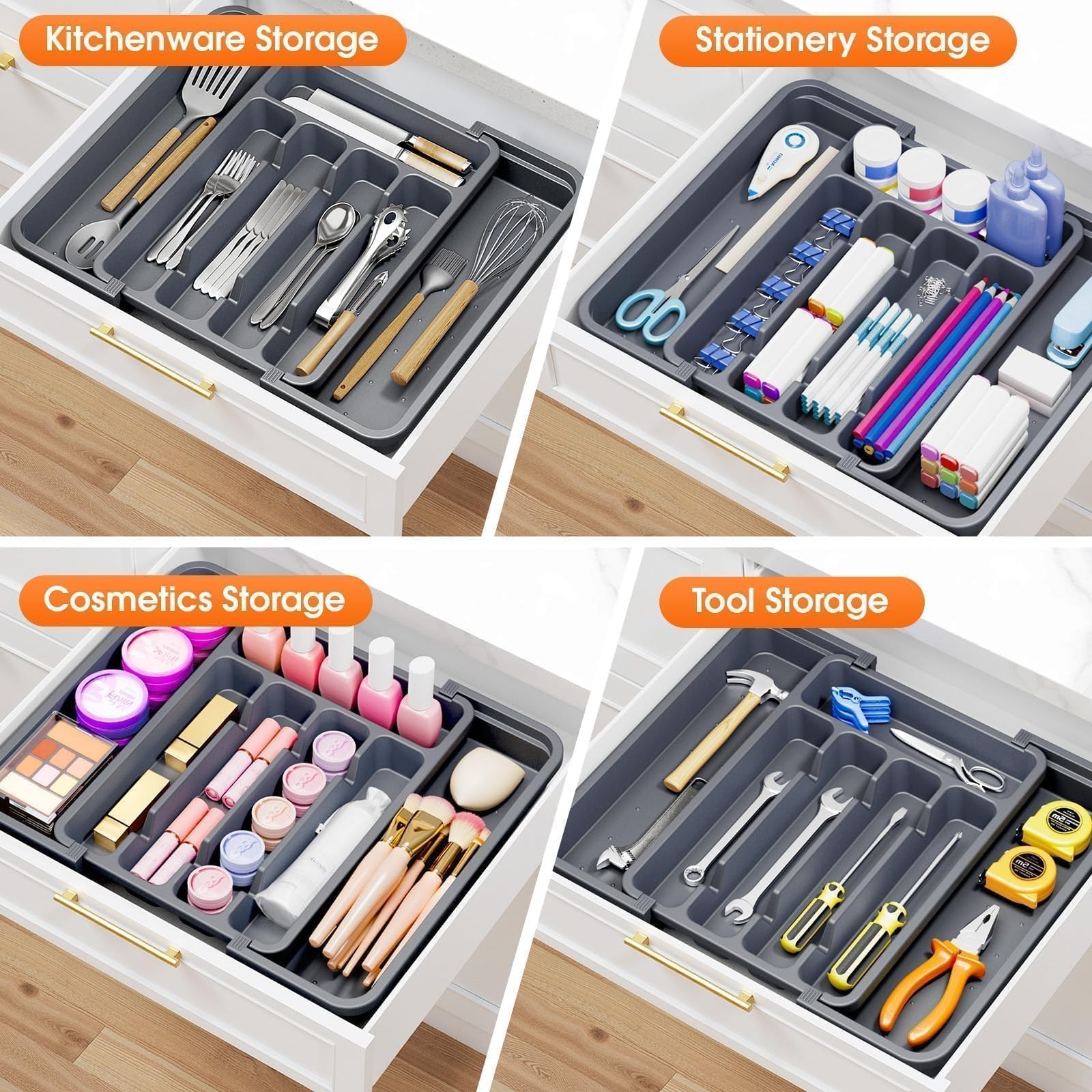 SpaceHacks Silverware Organizer，Adjustable & Expandable Utensil Medium, Grey
