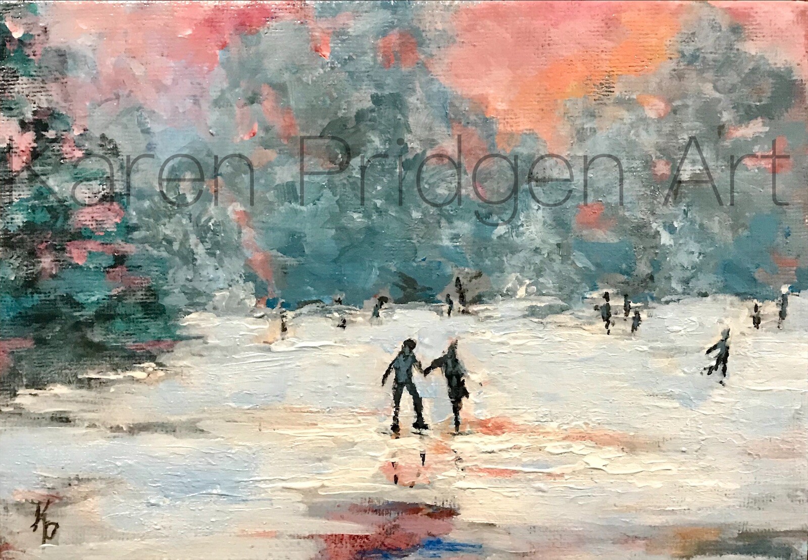 ACEO ATC Art Card Painting Print Signed Acrylic Landscape Lake Ice Skaters Snow