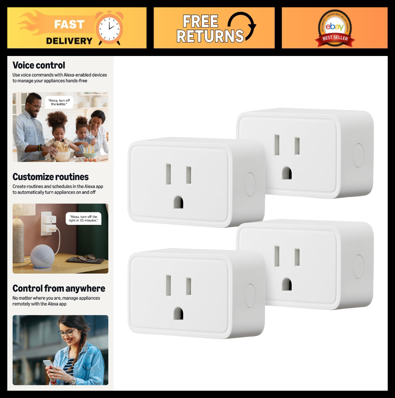Smart Wi-Fi Plug 4-Pack, Voice Control with Alexa, Remote App Scheduling, Compac