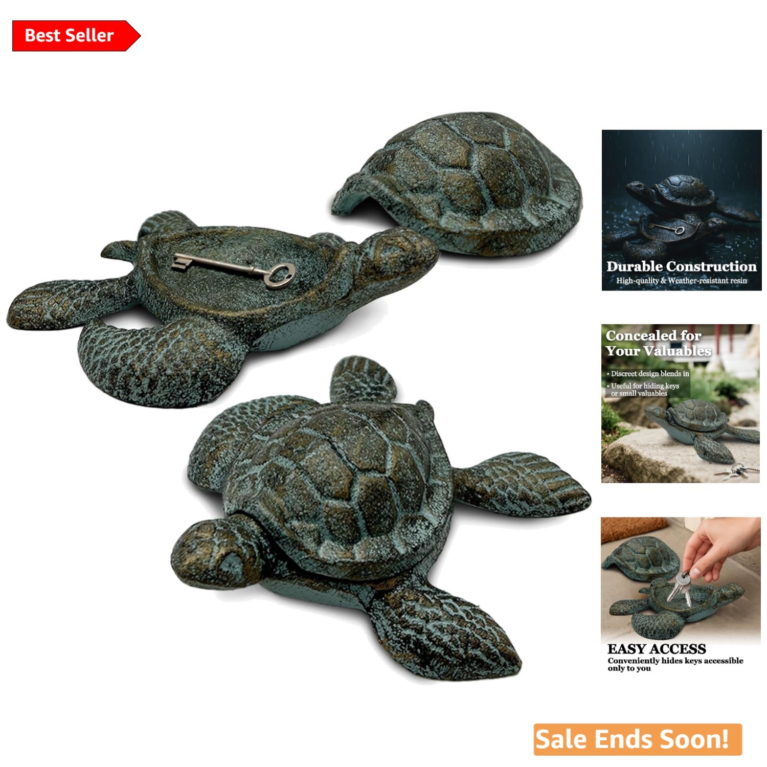 Cast Iron Sea Turtle Key Hider for Outdoor Gardens and Coastal Decor Dark Grey