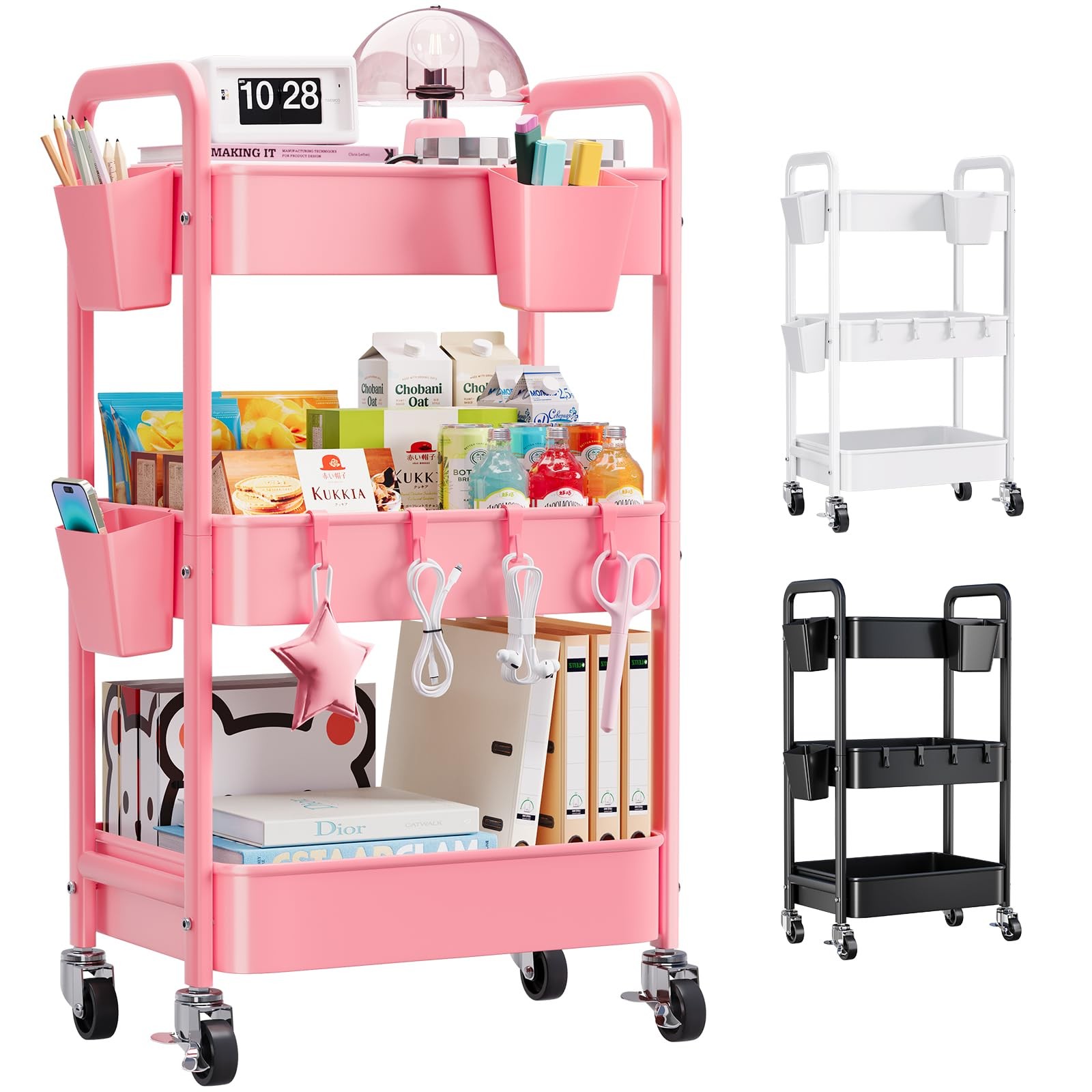 3 Tier Pink Rolling Cart with Lockable Wheels, Metal Utility Carts Organizer ...