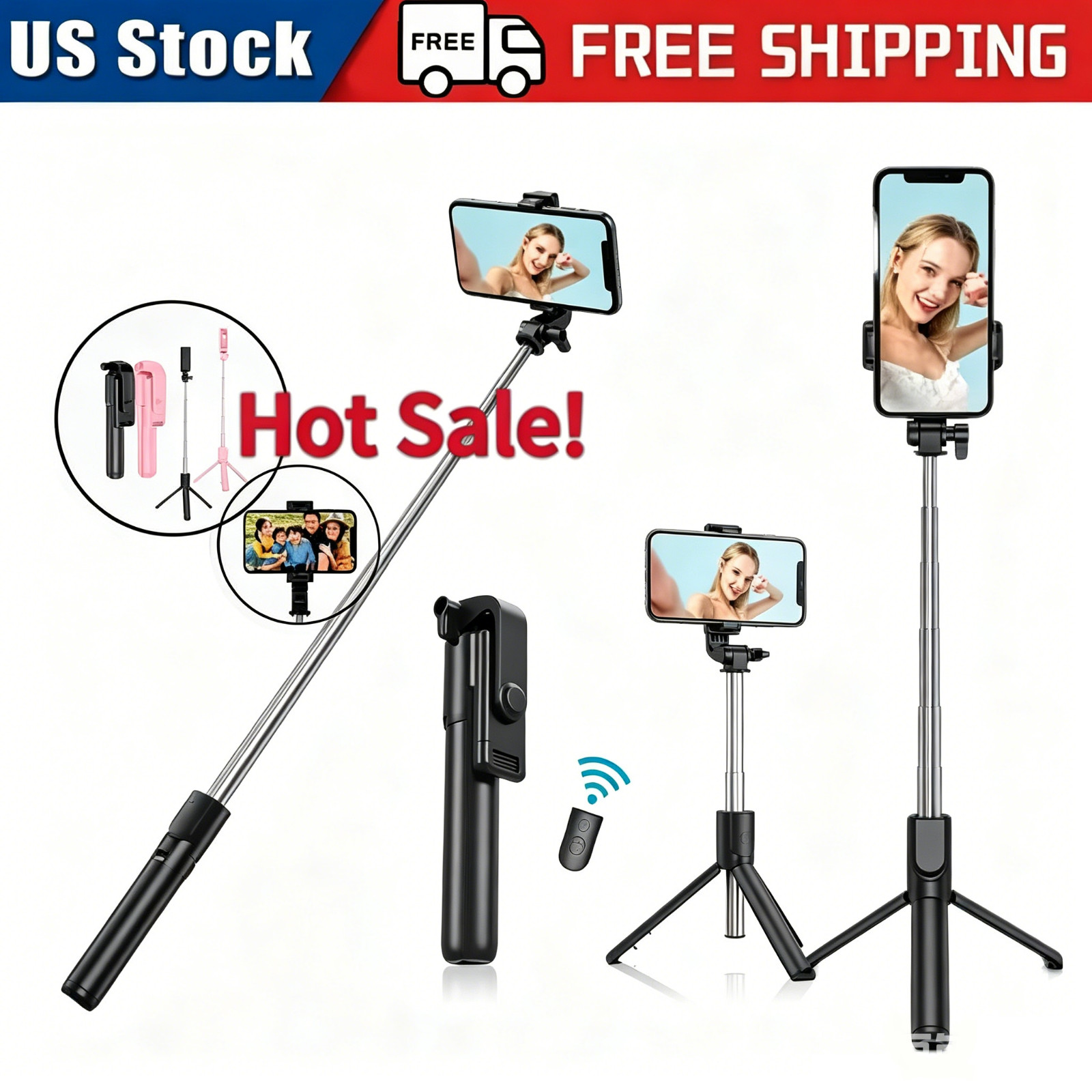 Selfie Stick Tripod Remote Desktop Stand Cell Phone Holder Universal Black
