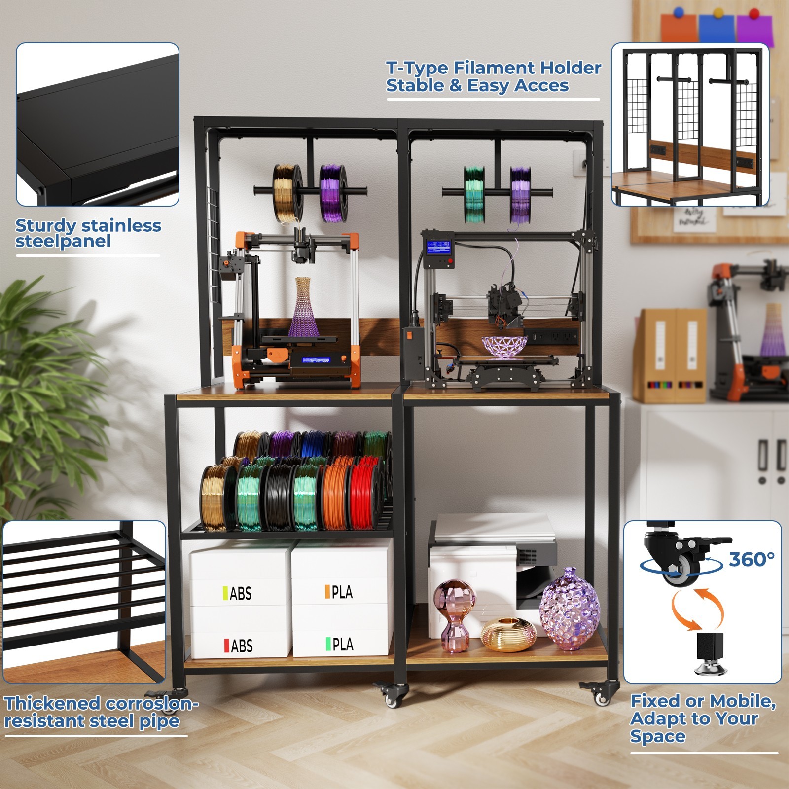 Heavy-Duty 3D Printer Stand with Filament Storage & Lockable Wheels