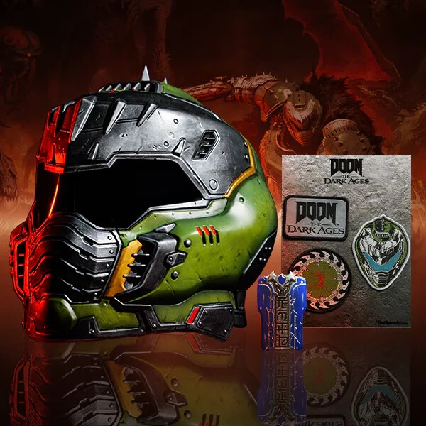 Doom The Dark Ages Doom Slayer Wearable Helmet LED Bundle + Keycard x3 Patches