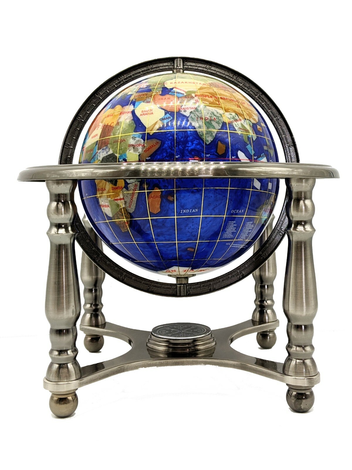 10" Tall Blue Pearl Ocean Silver Zinc Alloy table stand Gemstone World globe