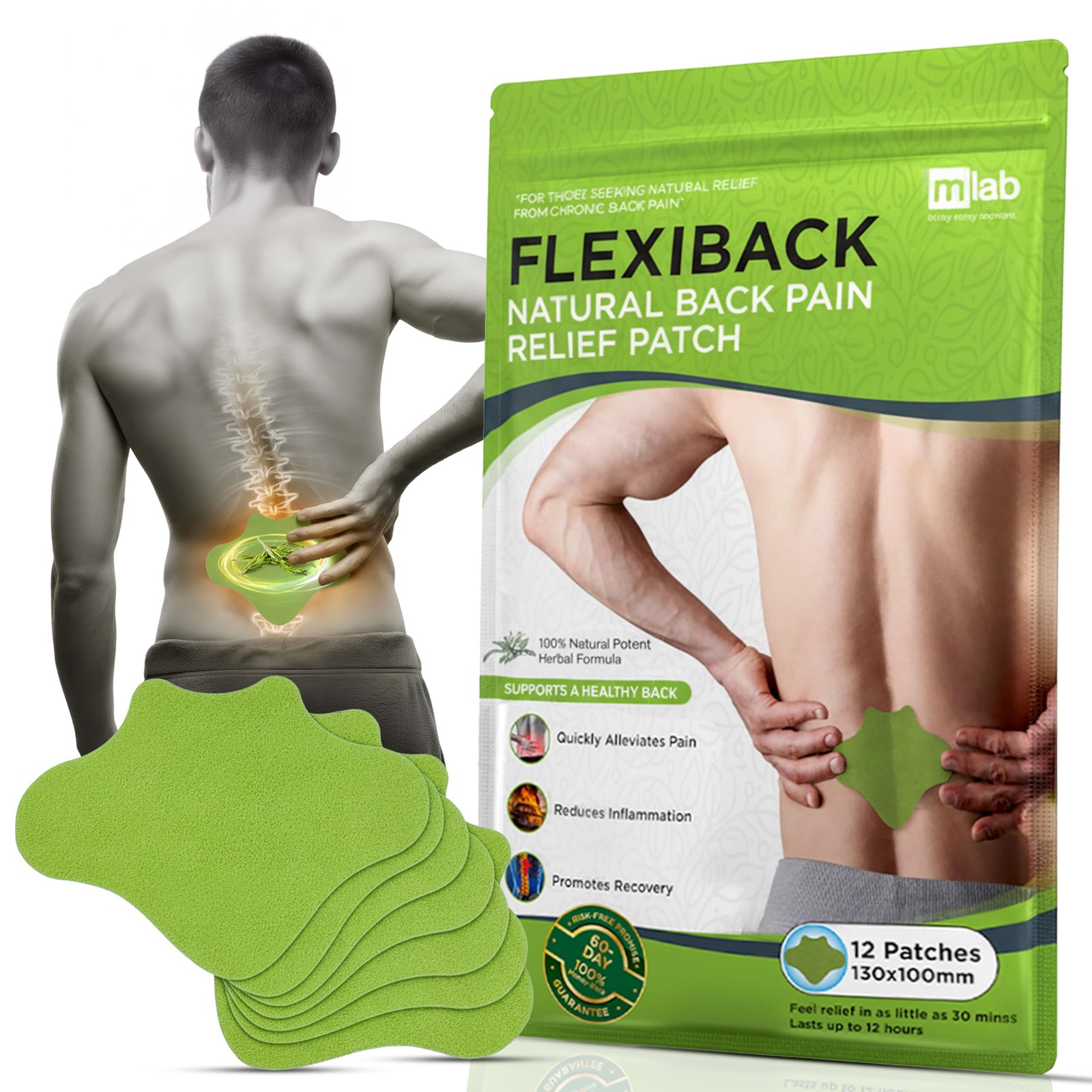 Warming Herbal Back Pain Patches 12 Heat Patches - 12-Hour Extra Strength