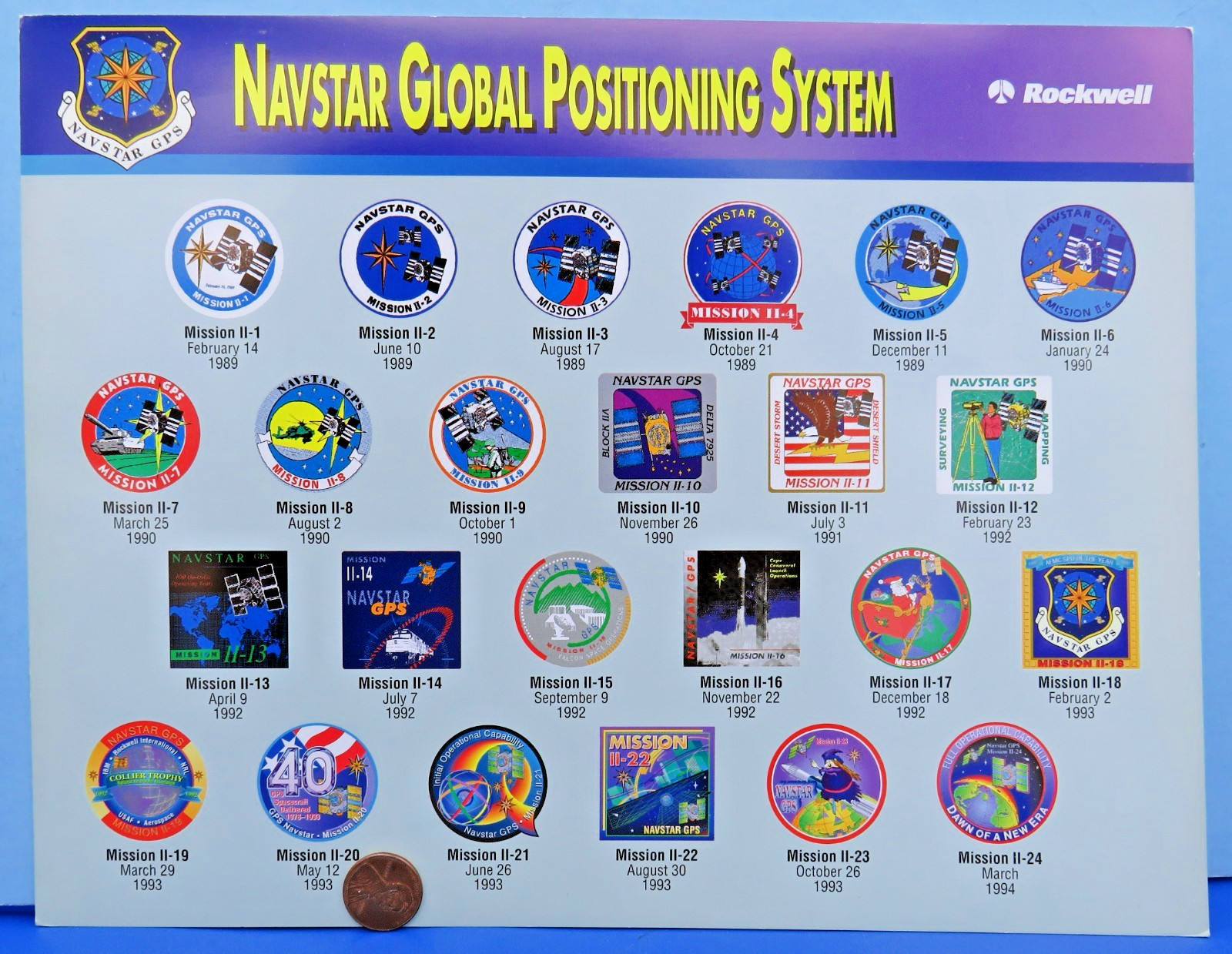 Rockwell promo Navstar Global Positioning System GPS satellites mission emblems