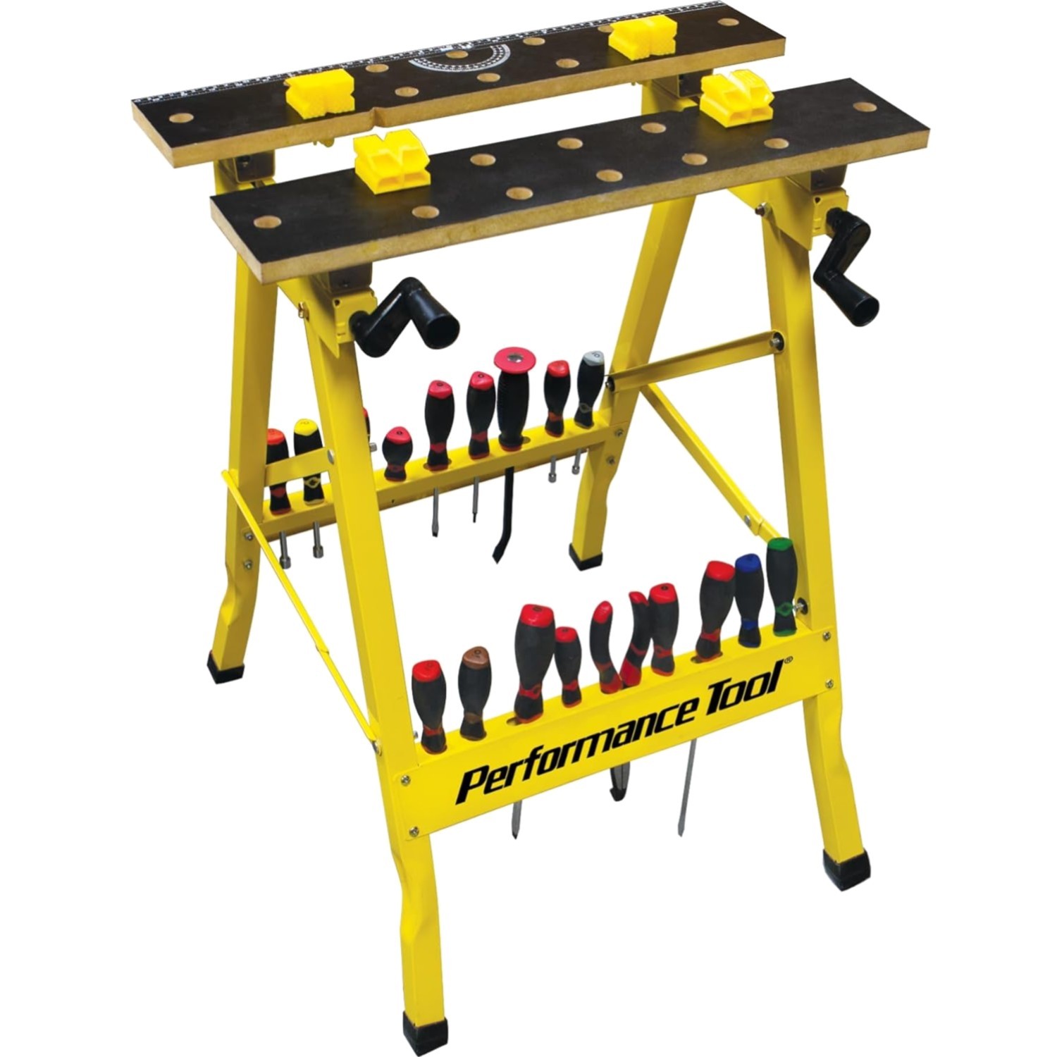 Yellow Portable Workbench with Printed Top, One-Handed Clamp & 200 lbs Capacity